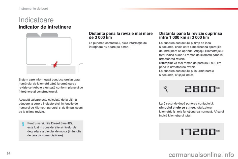 CITROEN C4 CACTUS 2018  Ghiduri De Utilizare (in Romanian) 24
C4-cactus_ro_Chap01_Instruments-de-bord_ed01-2016
Indicator de intretinere
Sistem care informează conducatorul asupra 
numărului de kilometri până la următoarea 
revizie ce trebuie efectuată 