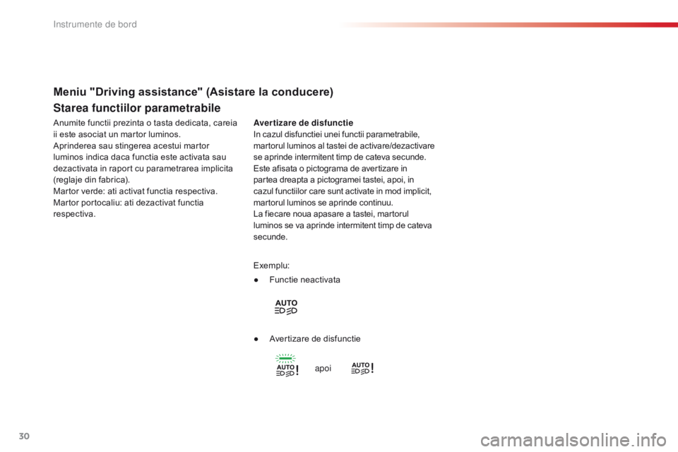 CITROEN C4 CACTUS 2018  Ghiduri De Utilizare (in Romanian) 30
C4-cactus_ro_Chap01_Instruments-de-bord_ed01-2016
Starea functiilor parametrabile
Avertizare de disfunctie
In cazul disfunctiei unei functii parametrabile, 
martorul luminos al tastei de activare/d