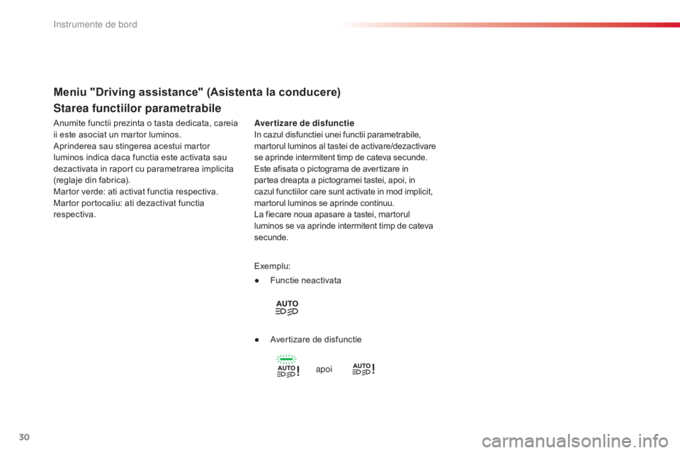 CITROEN C4 CACTUS 2016  Ghiduri De Utilizare (in Romanian) 30
C4-cactus_ro_Chap01_Instruments-de-bord_ed01-2015
Starea functiilor parametrabile
Avertizare de disfunctie
In cazul disfunctiei unei functii parametrabile, 
martorul luminos al tastei de activare/d