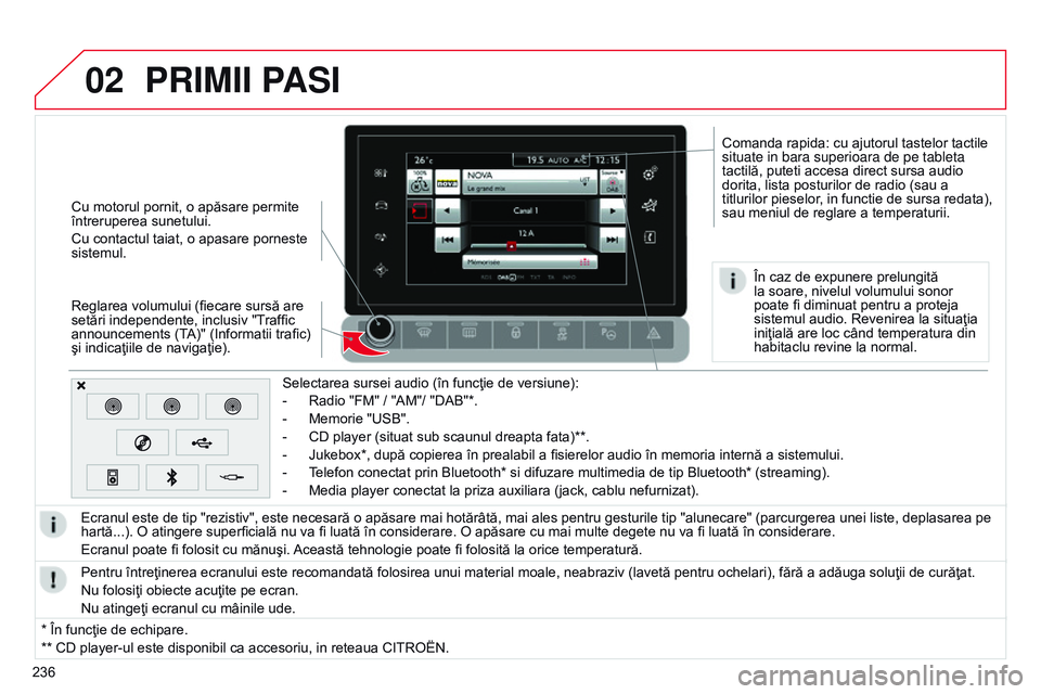 CITROEN C4 CACTUS 2015  Ghiduri De Utilizare (in Romanian) 02
236Selectarea sursei audio (în funcţie de versiune):
-
 
Radio "FM"
   / "AM"/ "DAB"*.
-  
Memorie "USB".
-
  
CD player (situat sub scaunul dreapta fata)**.
-
  
