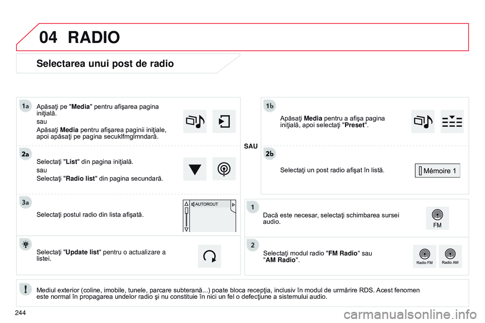 CITROEN C4 CACTUS 2015  Ghiduri De Utilizare (in Romanian) 04
Selectarea unui post de radio
Mediul exterior (coline, imobile, tunele, parcare subterană...) poate bloca recepţia, inclusiv în modul de urmărire RDS. Acest fenomen 
este normal în propagarea 