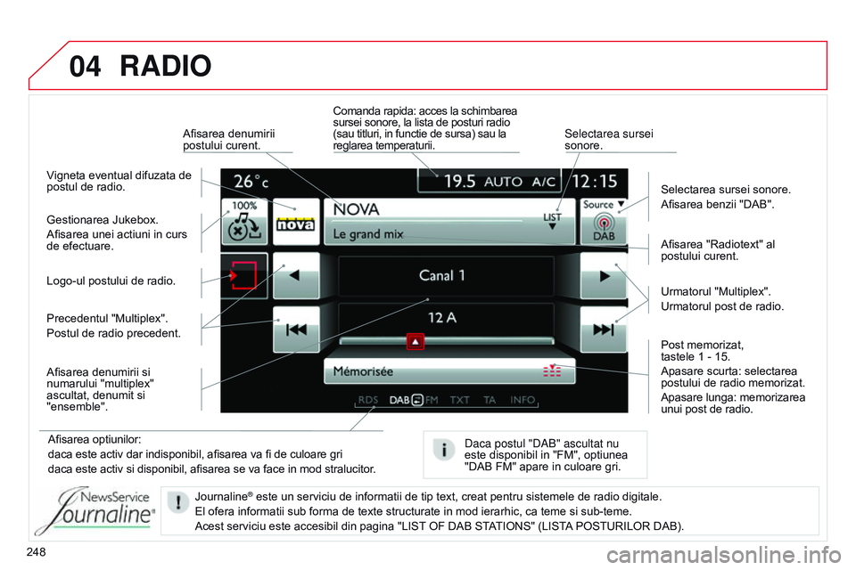 CITROEN C4 CACTUS 2015 Ghiduri De Utilizare (in Romanian) 04
248
RADIO
Afisarea optiunilor:
daca este activ dar indisponibil, afisarea va fi de culoare gri
daca este activ si disponibil, afisarea se va face in mod stralucitor.Afisarea "Radiotext" al CITROEN C4 CACTUS 2015 Ghiduri De Utilizare (in Romanian) 04
248
RADIO
Afisarea optiunilor:
daca este activ dar indisponibil, afisarea va fi de culoare gri
daca este activ si disponibil, afisarea se va face in mod stralucitor.Afisarea "Radiotext" al