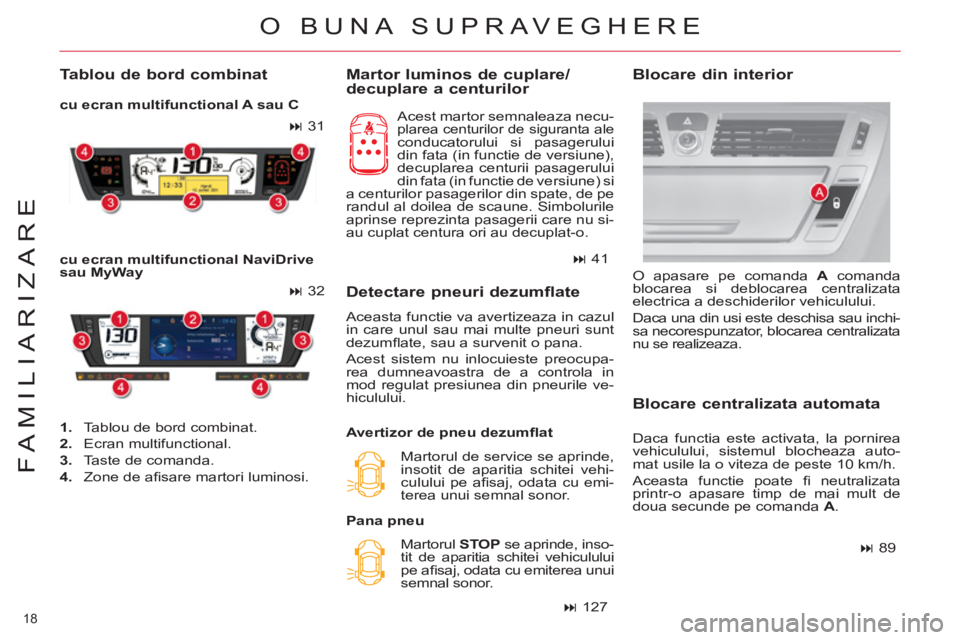 CITROEN C4 SPACETOURER 2013 Ghiduri De Utilizare (in Romanian) 18
FAMILIARIZARE
Martor luminos de cuplare/
decuplare a centurilor
Acest martor semnaleaza necu-plarea centurilor de siguranta ale conducatorului si pasagerului
din fata (in functie de versiu CITROEN C4 SPACETOURER 2013 Ghiduri De Utilizare (in Romanian) 18
FAMILIARIZARE
Martor luminos de cuplare/
decuplare a centurilor
Acest martor semnaleaza necu-plarea centurilor de siguranta ale conducatorului si pasagerului
din fata (in functie de versiu