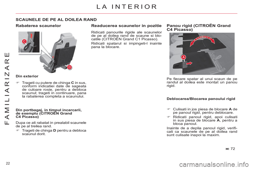 CITROEN C4 SPACETOURER 2013  Ghiduri De Utilizare (in Romanian) 22 
FAMILIARIZARE
LA INTERIOR 
  Rabaterea scaunelor 
 
 
Din portbagaj, in timpul incarcarii, 
de exemplu (CITROËN Grand 
C4 Picasso) 
   
SCAUNELE DE PE AL DOILEA RAND 
 
 
Din exterior 
   
 
�) 
