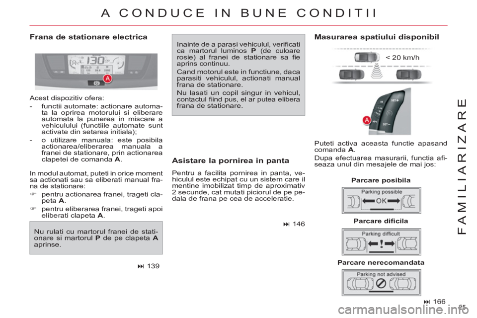 CITROEN C4 SPACETOURER 2013  Ghiduri De Utilizare (in Romanian) 25 
FAMILIARIZARE
   
 
� 
 166  
 
 
Frana de stationare electrica  
Inainte de a parasi vehiculul, veriﬁ cati 
ca martorul luminos  P 
 (de culoare 
rosie) al franei de stationare sa ﬁ e 
aprin