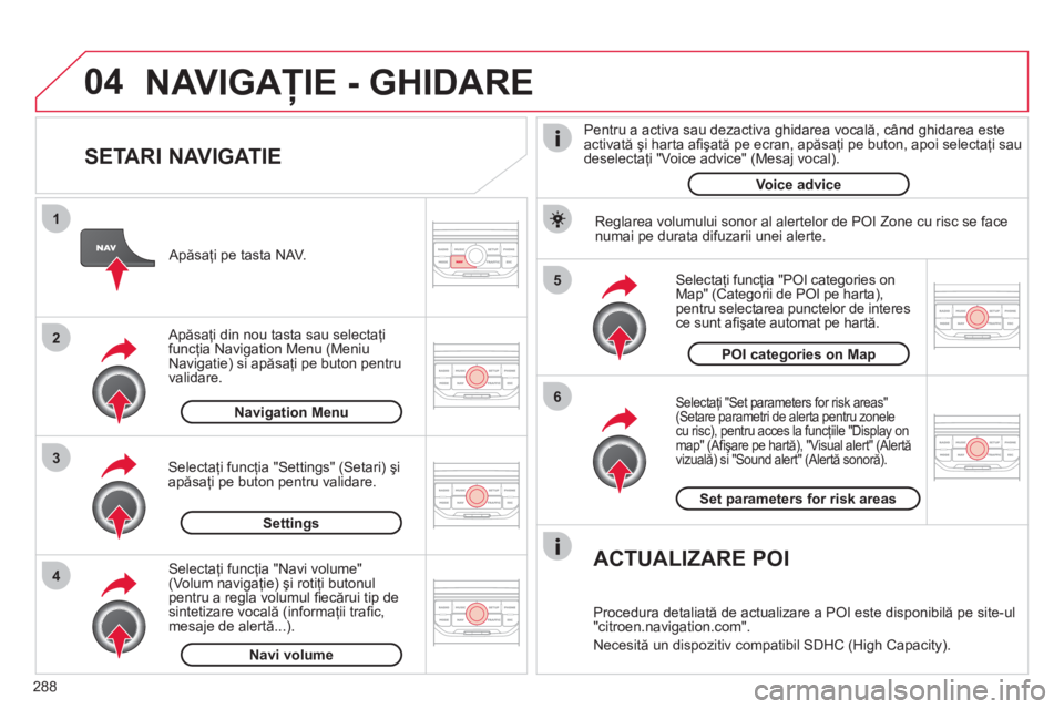 CITROEN C4 SPACETOURER 2013  Ghiduri De Utilizare (in Romanian) 288
04
5
6
3 2 1
4
   
SETARI NAVIGATIE 
 
 Selectaţi "Set parameters for risk areas"(Setare parametri de alerta pentru zonele cu risc), pentru acces la funcţiile "Display on 
map" (Aﬁ şare pe ha
