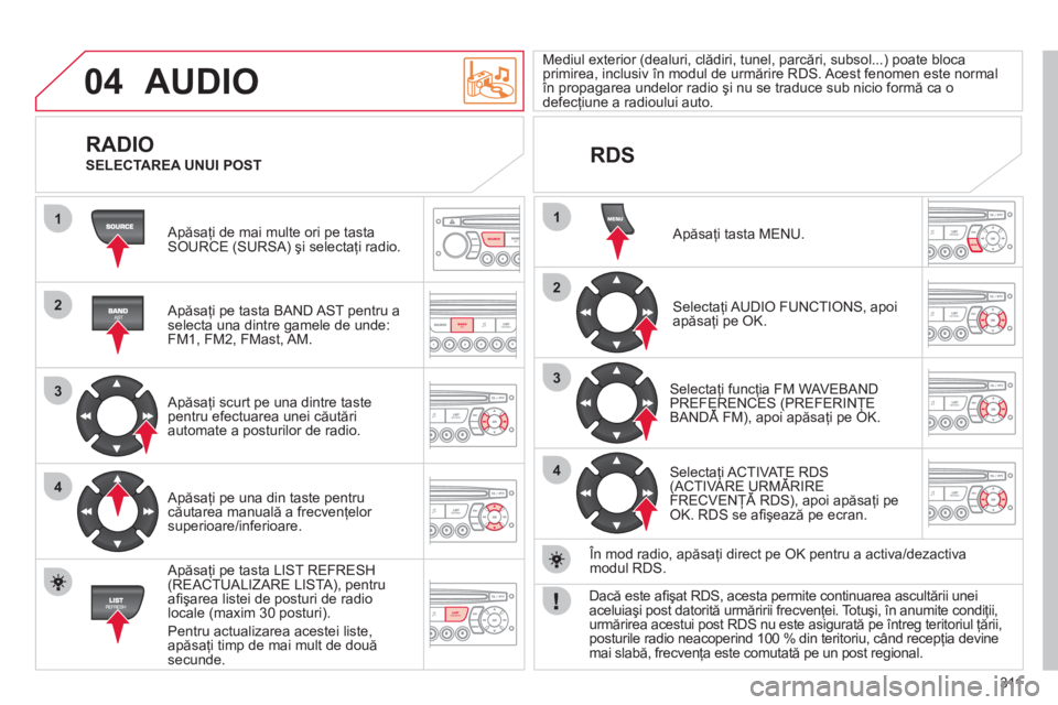 CITROEN C4 SPACETOURER 2013  Ghiduri De Utilizare (in Romanian) 311
04
1
2
3
4
1
2
3
4
SOURCE
BANDAST
LISTREFRESH
MENU
  AUDIO 
 Apăsaţi de mai multe ori pe tastaSOURCE (SURSA) şi selectaţi radio.  
   
Apăsaţi pe tasta BAND AST pentru a selecta una dintre g