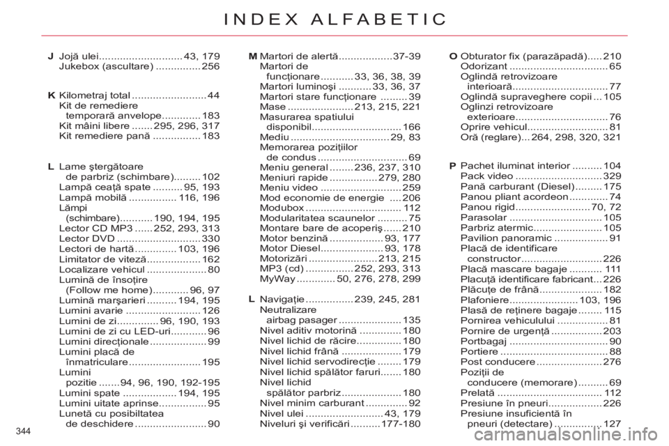 CITROEN C4 SPACETOURER 2013  Ghiduri De Utilizare (in Romanian) 344 
INDEX ALFABETIC
Jojă ulei ............................43,179Jukebox (ascultare) ............... 256
Kilometraj total .........................44
Kit de remediere 
temporară anvelope............