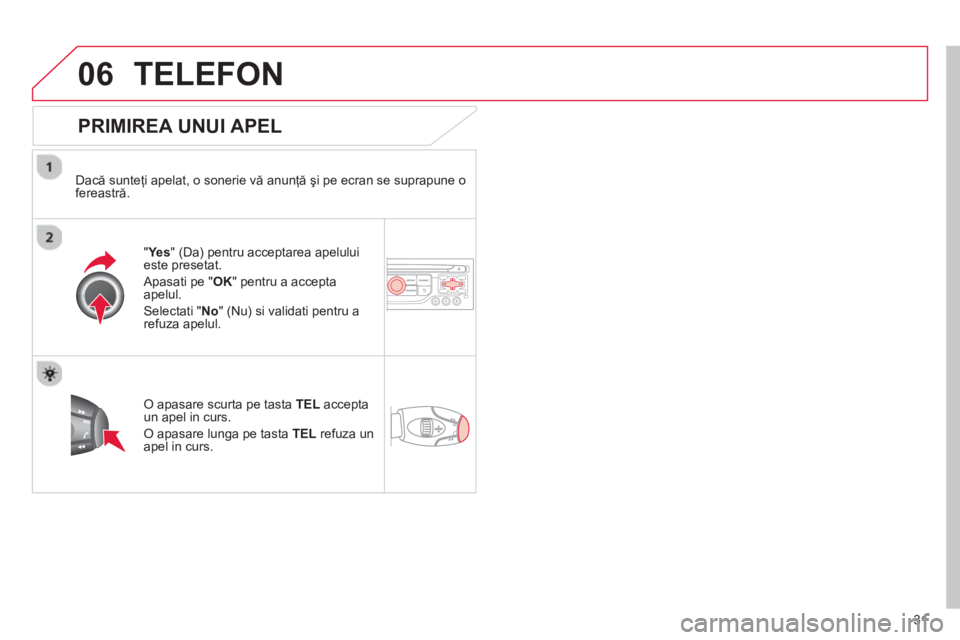 CITROEN C4 SPACETOURER 2013 Ghiduri De Utilizare (in Romanian) 31
06TELEFON
PRIMIREA UNUI APEL
Dacă sunteţi apelat, o sonerie vă anunţă şi pe ecran se suprapune o
fereastră.
"Ye
s" (Da) pentru acceptarea apeluluieste presetat.
Apasati pe " CITROEN C4 SPACETOURER 2013 Ghiduri De Utilizare (in Romanian) 31
06TELEFON
PRIMIREA UNUI APEL
Dacă sunteţi apelat, o sonerie vă anunţă şi pe ecran se suprapune o
fereastră.
"Ye
s" (Da) pentru acceptarea apeluluieste presetat.
Apasati pe "