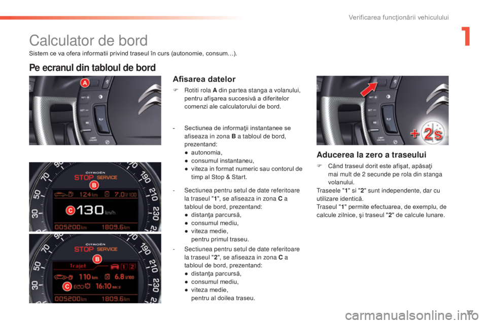 CITROEN C5 2016  Ghiduri De Utilizare (in Romanian) 17
C5_ro_Chap01_controle-de-marche_ed01-2015
Sistem ce va ofera informatii privind traseul în curs (autonomie, consum…).
Pe ecranul din tabloul de bord
Afisarea datelor
F  rotiti rola A din partea 