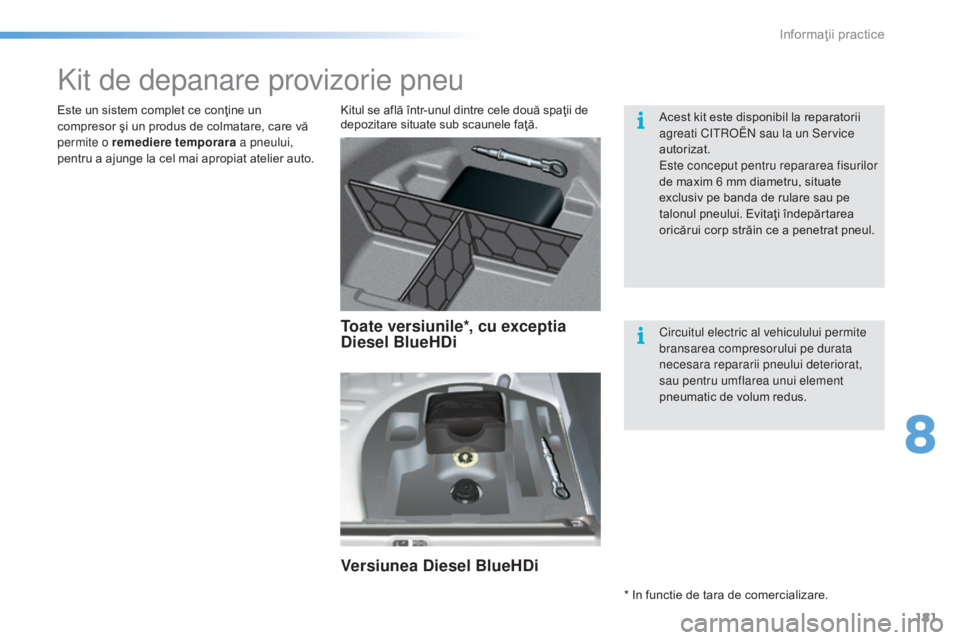 CITROEN C5 2016 Ghiduri De Utilizare (in Romanian) 181
C5_ro_Chap08_information_ed01-2015
Kit de depanare provizorie pneu
Kitul se află într-unul dintre cele două spaţii de
depozitare situate sub scaunele faţă.
Este un sistem complet ce conţin CITROEN C5 2016 Ghiduri De Utilizare (in Romanian) 181
C5_ro_Chap08_information_ed01-2015
Kit de depanare provizorie pneu
Kitul se află într-unul dintre cele două spaţii de
depozitare situate sub scaunele faţă.
Este un sistem complet ce conţin