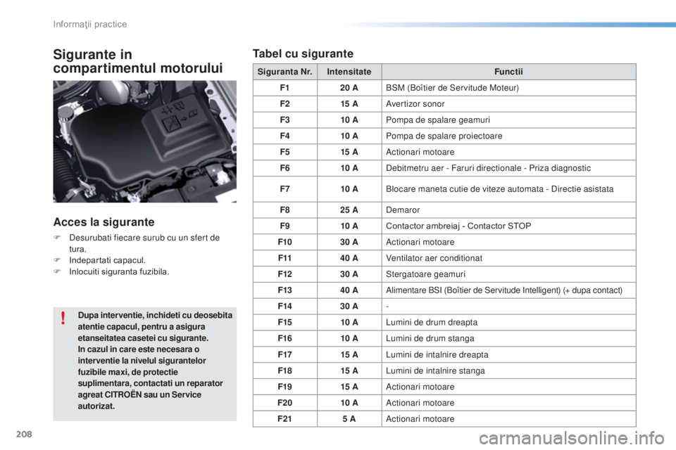 CITROEN C5 2016 Ghiduri De Utilizare (in Romanian) 208
C5_ro_Chap08_information_ed01-2015
Sigurante in
compartimentul motorului
Acces la sigurante
F desurubati fiecare surub cu un sfert de tura.
F
I
ndepartati capacul.
F
I
nlocuiti siguranta f CITROEN C5 2016 Ghiduri De Utilizare (in Romanian) 208
C5_ro_Chap08_information_ed01-2015
Sigurante in
compartimentul motorului
Acces la sigurante
F desurubati fiecare surub cu un sfert de tura.
F
I
ndepartati capacul.
F
I
nlocuiti siguranta f