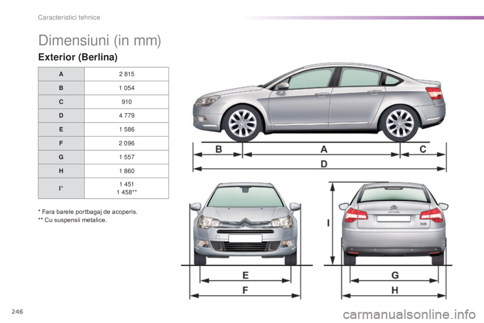 CITROEN C5 2016 Ghiduri De Utilizare (in Romanian) 246
C5_ro_Chap10_caracteristique_ed01-2015
dimensiuni (in mm)
Exterior (Berlina)
A2 815
B 1 054
C 910
D 4 779
E 1 586
F 2 096
G 1 557
H 1 860
I * 1 4 51
1 458**
* Fara barele portbagaj de acoperis.
** CITROEN C5 2016 Ghiduri De Utilizare (in Romanian) 246
C5_ro_Chap10_caracteristique_ed01-2015
dimensiuni (in mm)
Exterior (Berlina)
A2 815
B 1 054
C 910
D 4 779
E 1 586
F 2 096
G 1 557
H 1 860
I * 1 4 51
1 458**
* Fara barele portbagaj de acoperis.
**