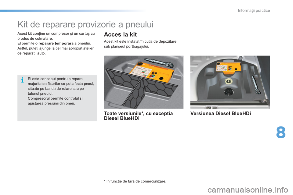 CITROEN C5 2016 Ghiduri De Utilizare (in Romanian) 8
Informaţii practice
1
Kit de reparare provizorie a pneului
Toate versiunile * , cu exceptia
Diesel BlueHDi
Versiunea Diesel BlueHDi
*
In functi CITROEN C5 2016 Ghiduri De Utilizare (in Romanian) 8
Informaţii practice
1
Kit de reparare provizorie a pneului
Toate versiunile * , cu exceptia
Diesel BlueHDi
Versiunea Diesel BlueHDi
*
In functi