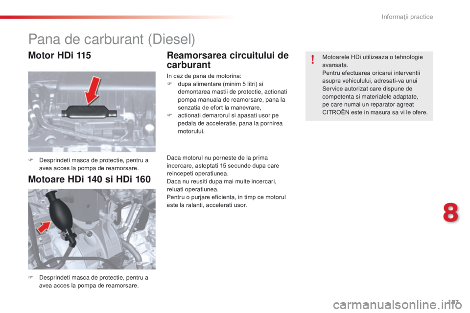 CITROEN C5 2015 Ghiduri De Utilizare (in Romanian) 187
C5_ro_Chap08_information_ed01-2014
Pana de carburant (diesel)
F desprindeti masca de protectie, pentru a
avea acces la pompa de reamorsare.
F
d
e
sprindeti masca de protectie, pentru a
avea CITROEN C5 2015 Ghiduri De Utilizare (in Romanian) 187
C5_ro_Chap08_information_ed01-2014
Pana de carburant (diesel)
F desprindeti masca de protectie, pentru a
avea acces la pompa de reamorsare.
F
d
e
sprindeti masca de protectie, pentru a
avea