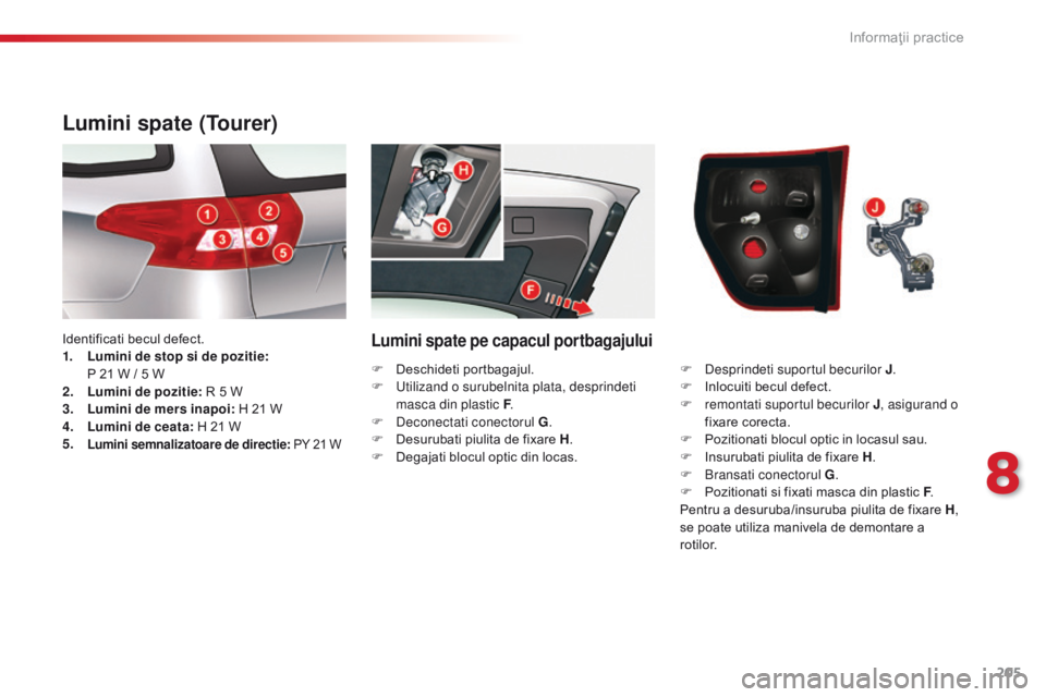 CITROEN C5 2015 Ghiduri De Utilizare (in Romanian) 205
C5_ro_Chap08_information_ed01-2014
Lumini spate pe capacul portbagajului
Lumini spate (Tourer)
Identificati becul defect.
1. Lumini de stop si de pozitie:
P 21 W / 5 W
2.
L
umini de pozitie: R CITROEN C5 2015 Ghiduri De Utilizare (in Romanian) 205
C5_ro_Chap08_information_ed01-2014
Lumini spate pe capacul portbagajului
Lumini spate (Tourer)
Identificati becul defect.
1. Lumini de stop si de pozitie:
P 21 W / 5 W
2.
L
umini de pozitie: R