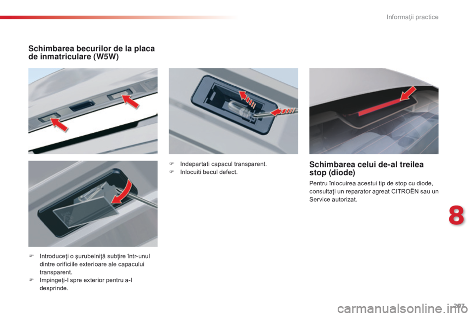 CITROEN C5 2015 Ghiduri De Utilizare (in Romanian) 207
C5_ro_Chap08_information_ed01-2014
F Introduceţi o şurubelniţă subţire într-unul dintre orificiile exterioare ale capacului
transparent.
F
I
mpingeţi-l spre exterior pentru a-l
desprin CITROEN C5 2015 Ghiduri De Utilizare (in Romanian) 207
C5_ro_Chap08_information_ed01-2014
F Introduceţi o şurubelniţă subţire într-unul dintre orificiile exterioare ale capacului
transparent.
F
I
mpingeţi-l spre exterior pentru a-l
desprin