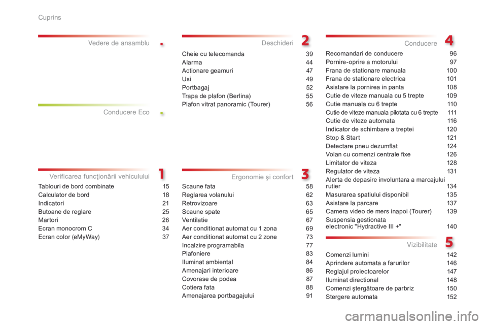 CITROEN C5 2015  Ghiduri De Utilizare (in Romanian) .
.
C5_ro_Chap00a_sommaire_ed01-2014
Tablouri de bord combinate 15
Calculator de bord  
1
 8
Indicatori
 21
B

utoane de reglare  
2
 5
Martori
 
2
 6
Ecran monocrom C
 
3
 4
ec

ran color (eMyWay)  
