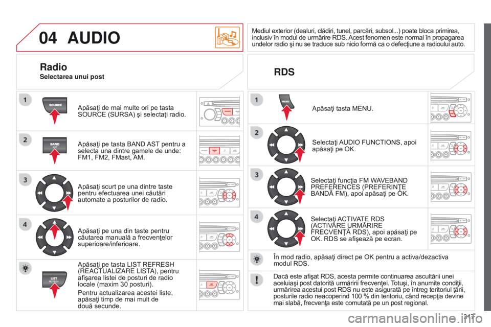 CITROEN C5 2015 Ghiduri De Utilizare (in Romanian) 04
317
C5_ro_Chap11c_RD45_ed01_2014
AUDIO
Apăsaţi de mai multe ori pe tasta
SOURCE (SURSA) şi selectaţi radio.
Apăsaţi pe tasta BAND AST pentru a
selecta una dintre gamele de unde:
FM1, FM2, CITROEN C5 2015 Ghiduri De Utilizare (in Romanian) 04
317
C5_ro_Chap11c_RD45_ed01_2014
AUDIO
Apăsaţi de mai multe ori pe tasta
SOURCE (SURSA) şi selectaţi radio.
Apăsaţi pe tasta BAND AST pentru a
selecta una dintre gamele de unde:
FM1, FM2,