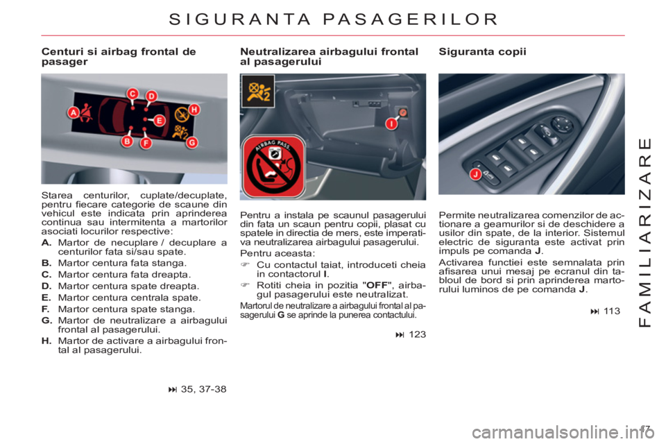 CITROEN C5 2014  Ghiduri De Utilizare (in Romanian) 17 
FAMILIARIZARE
SIGURANTA PASAGERILOR 
   
Neutralizarea airbagului frontal 
al pasagerului    
Siguranta copii   
 
Centuri si airbag frontal de 
pasager 
  Starea centurilor, cuplate/decuplate, 
p