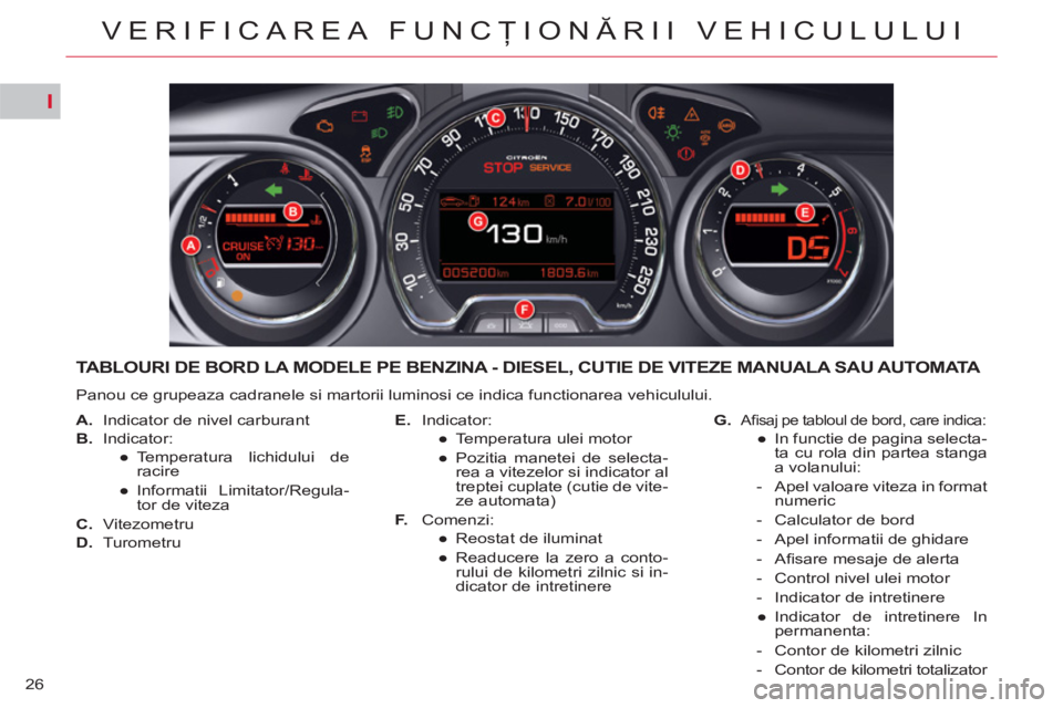 CITROEN C5 2014  Ghiduri De Utilizare (in Romanian) I
26
VERIFICAREA FUNCŢIONĂRII VEHICULULUI
TABLOURI DE BORD LA MODELE PE BENZINA - DIESEL, CUTIE DE VITEZE MANUALA SAU AUTOMATA 
 
Panou ce grupeaza cadranele si martorii luminosi ce indica functiona