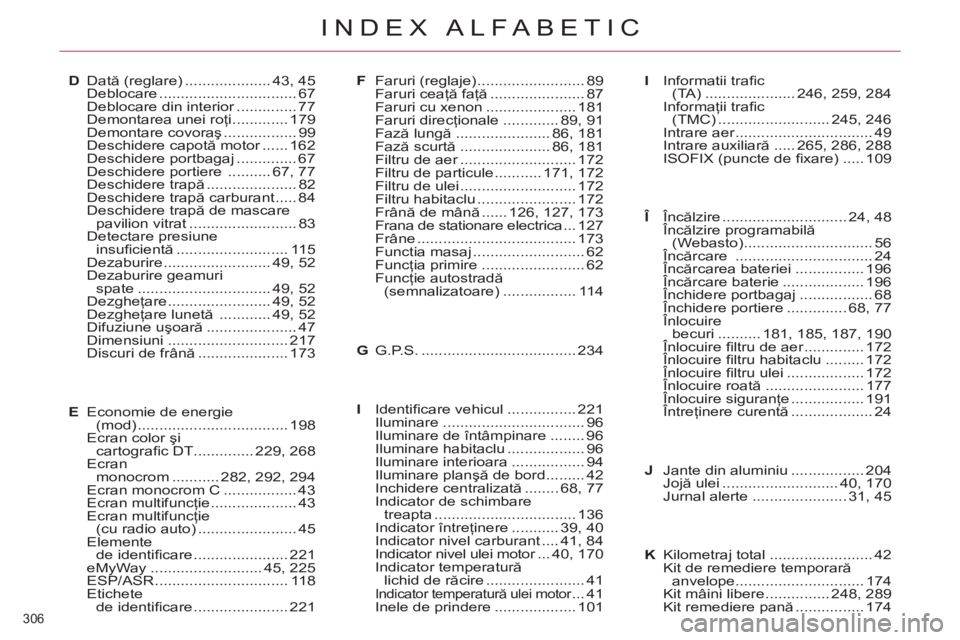CITROEN C5 2014 Ghiduri De Utilizare (in Romanian) 306
INDEX ALFABETIC
D Dată (reglare) .................... 43, 45
Deblocare ................................ 67
Deblocare din interior .............. 77
Demontarea unei roţi ............. 179
CITROEN C5 2014 Ghiduri De Utilizare (in Romanian) 306
INDEX ALFABETIC
D Dată (reglare) .................... 43, 45
Deblocare ................................ 67
Deblocare din interior .............. 77
Demontarea unei roţi ............. 179