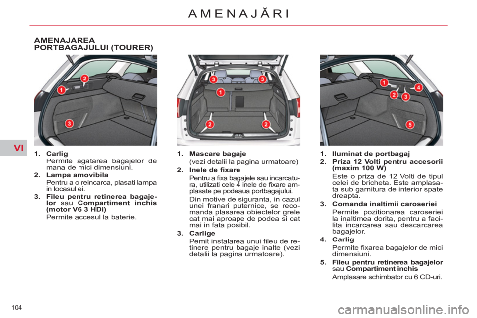 CITROEN C5 2012  Ghiduri De Utilizare (in Romanian) VI
104 
AMENAJĂRI
AMENAJAREA PORTBAGAJULUI (TOURER) 
 
 
 
1. 
  Carlig 
 
 
  Permite agatarea bagajelor de 
mana de mici dimensiuni. 
   
2. 
  Lampa amovibila 
 
 
  Pentru a o reincarca, plasati 
