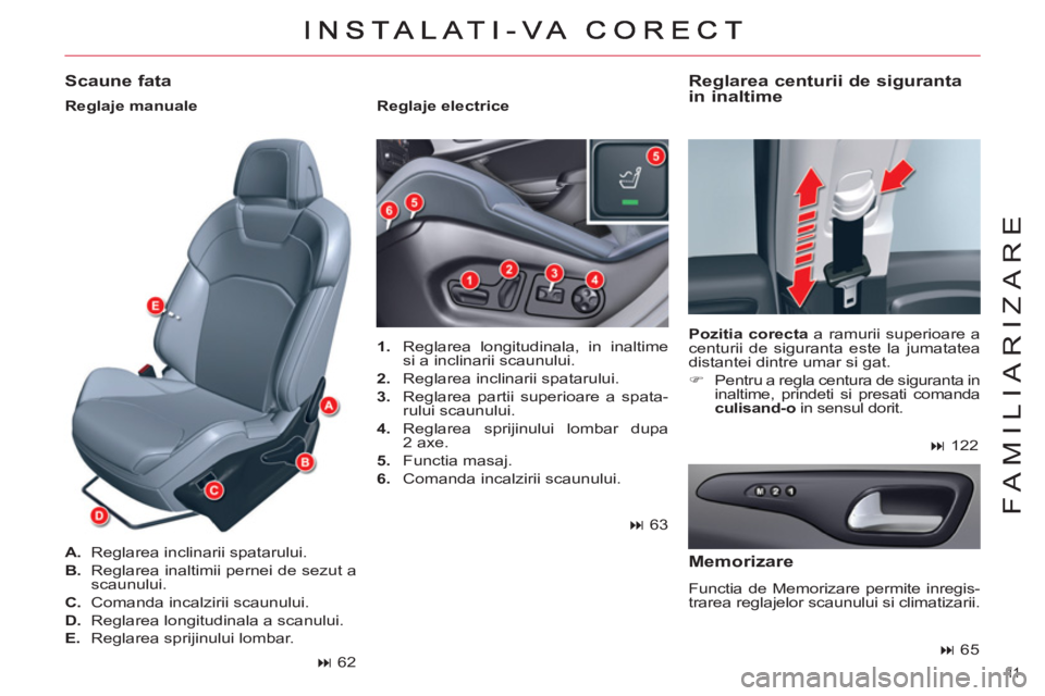 CITROEN C5 2012  Ghiduri De Utilizare (in Romanian) 11  
FAMILIARIZARE
   
 
1. 
  Reglarea longitudinala, in inaltime 
si a inclinarii scaunului. 
   
2. 
  Reglarea inclinarii spatarului. 
   
3. 
  Reglarea partii superioare a spata-
rului scaunului