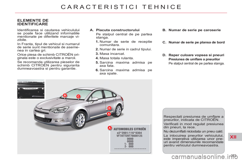 CITROEN C5 2012 Ghiduri De Utilizare (in Romanian) XII
223
CARACTERISTICI TEHNICE
ELEMENTE DE
IDENTIFICARE
Identifi carea si cautarea vehiculului
se poate face utilizand informatiile
mentionate pe diferitele marcaje vi-
zibile.
In Franta, ti CITROEN C5 2012 Ghiduri De Utilizare (in Romanian) XII
223
CARACTERISTICI TEHNICE
ELEMENTE DE
IDENTIFICARE
Identifi carea si cautarea vehiculului
se poate face utilizand informatiile
mentionate pe diferitele marcaje vi-
zibile.
In Franta, ti