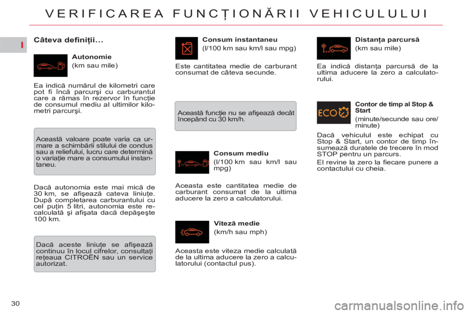 CITROEN C5 2012 Ghiduri De Utilizare (in Romanian) I
30
VERIFICAREA FUNCŢIONĂRII VEHICULULUI
Câteva definiţii…
Autonomie
(km sau mile)
Consum instantaneu
(l/100 km sau km/l sau mpg)
Consum mediu
(l/100 km sau CITROEN C5 2012 Ghiduri De Utilizare (in Romanian) I
30
VERIFICAREA FUNCŢIONĂRII VEHICULULUI
Câteva definiţii…
Autonomie
(km sau mile)
Consum instantaneu
(l/100 km sau km/l sau mpg)
Consum mediu
(l/100 km sau