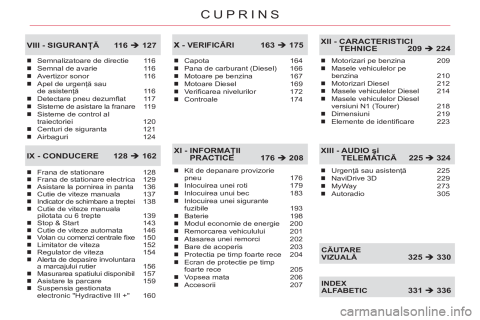 CITROEN C5 2012  Ghiduri De Utilizare (in Romanian) CUPRINS
Semnalizatoare de directie  116
Semnal de avarie  116
Avertizor sonor  116
Apel de urgenţă sau 
de asistenţă 11 6
Detectare pneu dezumﬂ at  117
Sisteme de asistare la franare  119
Sistem