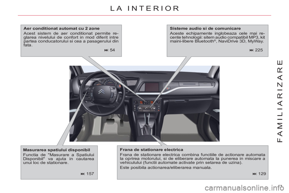 CITROEN C5 2012  Ghiduri De Utilizare (in Romanian) 7 
FAMILIARIZARE
   
 
� 
 129  
LA INTERIOR 
 
 
Frana de stationare electrica 
 
  Frana de stationare electrica combina functiile de actionare automata 
la oprirea motorului, si de eliberare autom