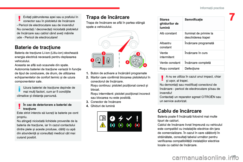 CITROEN C5 AIRCROSS 2022 Ghiduri De Utilizare (in Romanian) 161
Informații practice
7Evitați pătrunderea apei sau a prafului în
conector sau în pistoletul de încărcare
- Pericol de electrocutare sau de incendiu!
Nu conectați / deconectați niciodată CITROEN C5 AIRCROSS 2022 Ghiduri De Utilizare (in Romanian) 161
Informații practice
7Evitați pătrunderea apei sau a prafului în
conector sau în pistoletul de încărcare
- Pericol de electrocutare sau de incendiu!
Nu conectați / deconectați niciodată