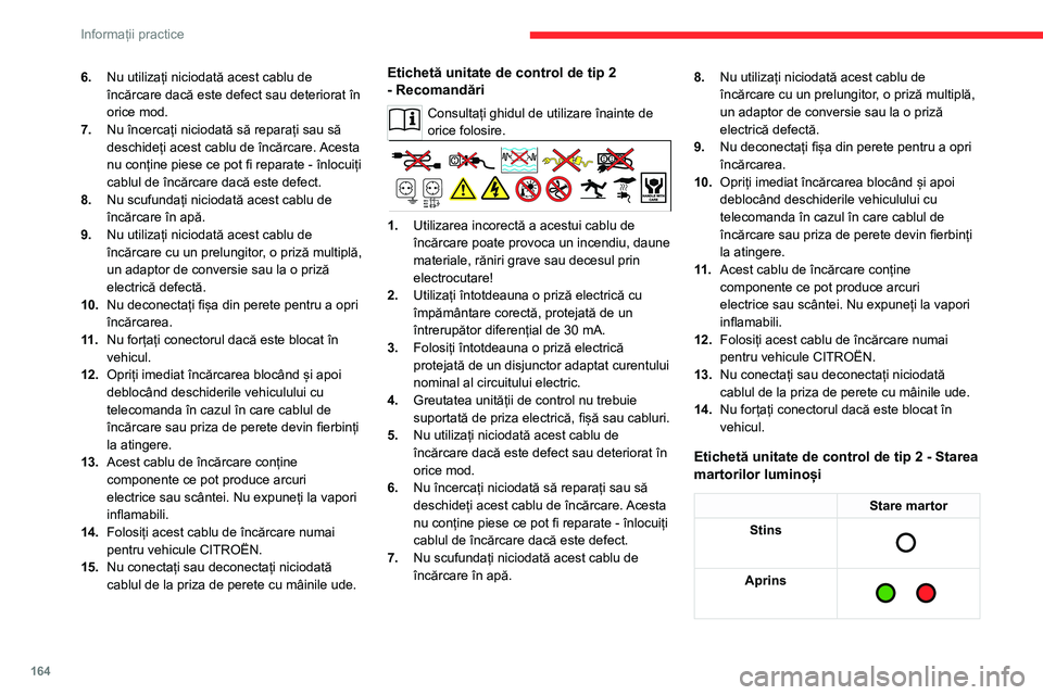 CITROEN C5 AIRCROSS 2022  Ghiduri De Utilizare (in Romanian) 164
Informații practice
6.Nu utilizați niciodată acest cablu de 
încărcare dacă este defect sau deteriorat în 
orice mod.
7. Nu încercați niciodată să reparați sau să 
deschideți acest c