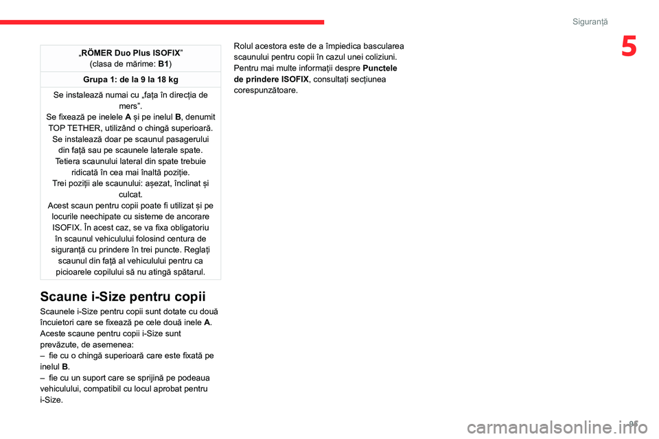 CITROEN C5 AIRCROSS 2022 Ghiduri De Utilizare (in Romanian) 95
Siguranță
5„RÖMER Duo Plus ISOFIX”
(clasa de mărime: B1)
Grupa 1: de la 9 la 18 kg
Se instalează numai cu „fața în direcția de mers”.
Se fixează pe inelele A și pe inelul B, de CITROEN C5 AIRCROSS 2022 Ghiduri De Utilizare (in Romanian) 95
Siguranță
5„RÖMER Duo Plus ISOFIX”
(clasa de mărime: B1)
Grupa 1: de la 9 la 18 kg
Se instalează numai cu „fața în direcția de mers”.
Se fixează pe inelele A și pe inelul B, de