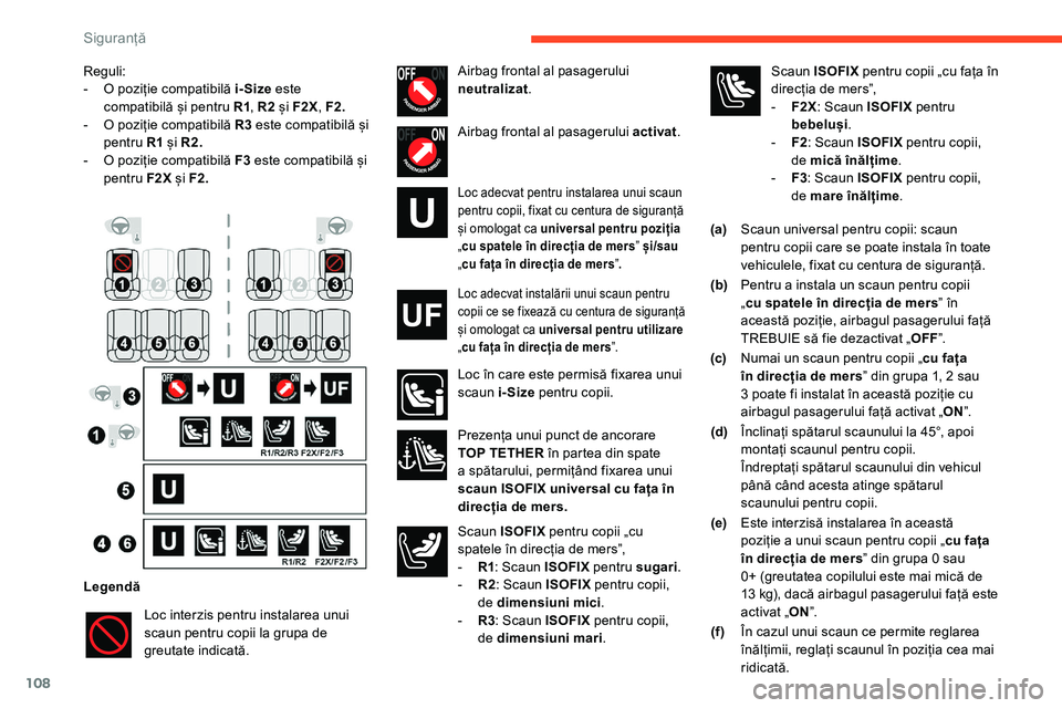 CITROEN C5 AIRCROSS 2020  Ghiduri De Utilizare (in Romanian) 108
Reguli:
- O p oziție compatibilă i-Size  este 
compatibilă și pentru R1 , R2
 

și F2X, F2.
-
 
O p
 oziție compatibilă R3
 
 este compatibilă și 
pentru R1
 

și R2.
-
 
O p
 oziție co