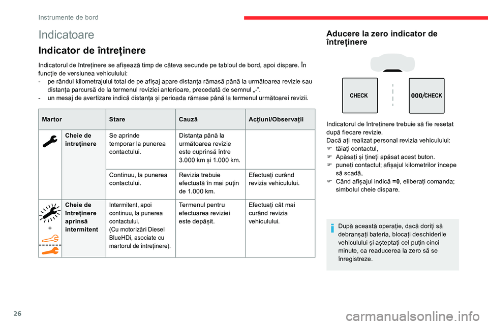 CITROEN C5 AIRCROSS 2020  Ghiduri De Utilizare (in Romanian) 26
Indicatoare
Indicator de întreținere
Indicatorul de întreținere se afișează timp de câteva secunde pe tabloul de bord, apoi dispare. În 
funcție de versiunea vehiculului:
- 
p
 e rândul k