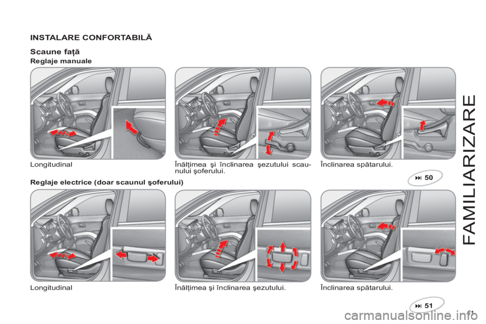 CITROEN C-CROSSER 2012  Ghiduri De Utilizare (in Romanian) 11  
FAMILIARIZAR
E
   
INSTALARE CONFORTABILĂ
�51  
 
 
 
 
Scaune faţă 
 
Longitudinal  Înălţimea şi înclinarea şezutului scau-nului şoferului.  Înclinarea spătarului.     
Reglaje manu