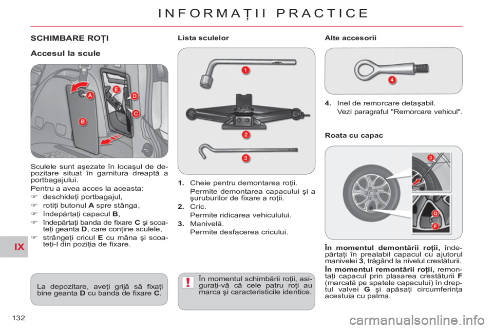 CITROEN C-CROSSER 2012 Ghiduri De Utilizare (in Romanian) IX
!
INFORMAŢII PRACTICE
132
SCHIMBARE ROŢI
1.
Cheie pentru demontarea roţii.
Permite demontarea capacului şi a
şuruburilor de fi xare a roţii.
2.
Cric.
Permite ridicarea CITROEN C-CROSSER 2012 Ghiduri De Utilizare (in Romanian) IX
!
INFORMAŢII PRACTICE
132
SCHIMBARE ROŢI
1.
Cheie pentru demontarea roţii.
Permite demontarea capacului şi a
şuruburilor de fi xare a roţii.
2.
Cric.
Permite ridicarea