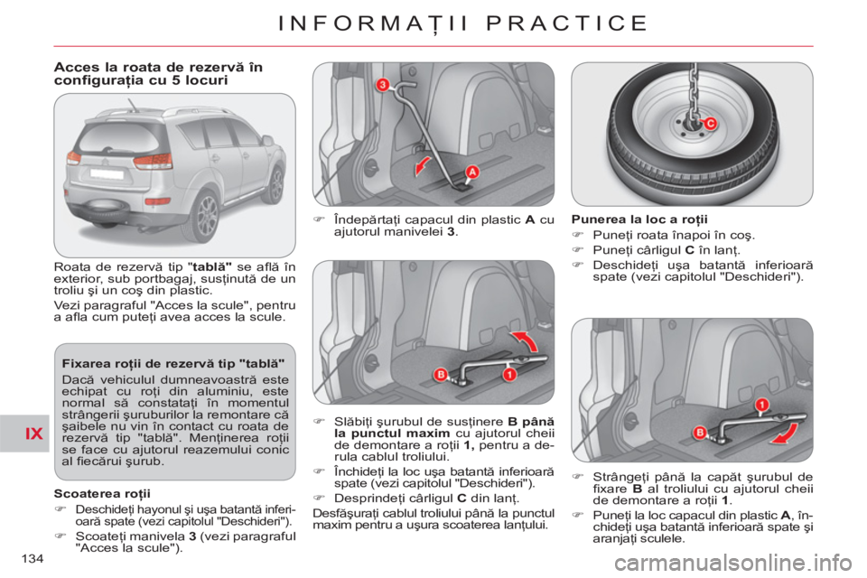 CITROEN C-CROSSER 2012 Ghiduri De Utilizare (in Romanian) IX
INFORMAŢII PRACTICE
134
Acces la roata de rezervă în configuraţia cu 5 locuri
Roata de rezervă tip " tablă"
se afl ă în
exterior, sub portbagaj, susţinută d CITROEN C-CROSSER 2012 Ghiduri De Utilizare (in Romanian) IX
INFORMAŢII PRACTICE
134
Acces la roata de rezervă în configuraţia cu 5 locuri
Roata de rezervă tip " tablă"
se afl ă în
exterior, sub portbagaj, susţinută d