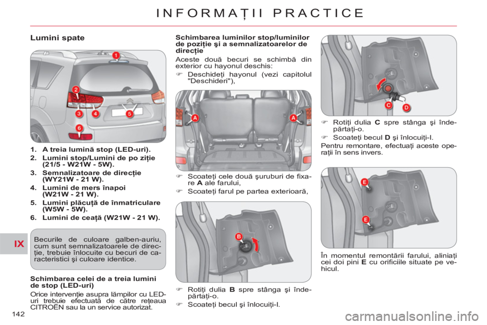 CITROEN C-CROSSER 2012  Ghiduri De Utilizare (in Romanian) IX
INFORMAŢII PRACTICE
142
Lumini spate 
   
 
1. 
  A treia lumină stop (LED-uri). 
 
   
2. 
  Lumini stop/Lumini de po 
  ziţie 
(21/5 - W21W - 5W). 
 
   
3. 
  Semnalizatoare de direcţie 
(WY