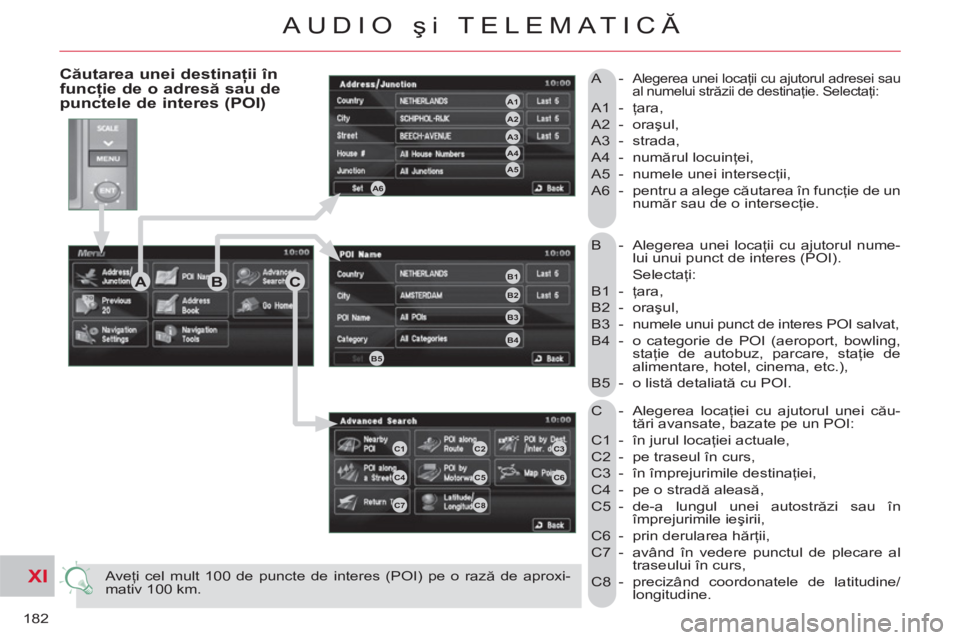 CITROEN C-CROSSER 2012 Ghiduri De Utilizare (in Romanian) XI
182
AUDIO şi TELEMATICĂ
B - Alegerea unei locaţii cu ajutorul nume-
lui unui punct de interes (POI).
Selectaţi:
B1 - ţara,
B2 - oraşul,
B3 - numele unui punct de interes POI CITROEN C-CROSSER 2012 Ghiduri De Utilizare (in Romanian) XI
182
AUDIO şi TELEMATICĂ
B - Alegerea unei locaţii cu ajutorul nume-
lui unui punct de interes (POI).
Selectaţi:
B1 - ţara,
B2 - oraşul,
B3 - numele unui punct de interes POI