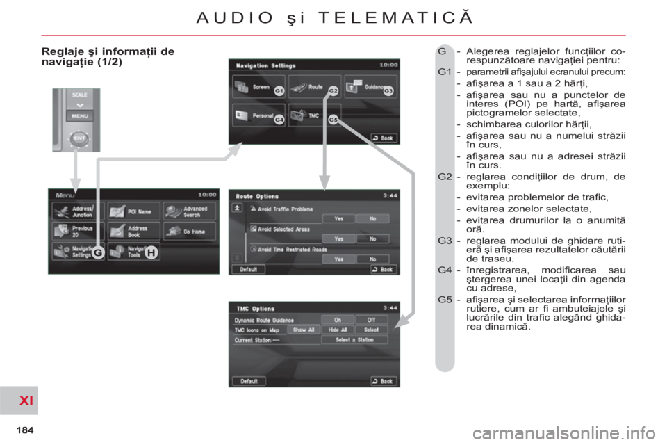 CITROEN C-CROSSER 2012 Ghiduri De Utilizare (in Romanian) XI
AUDIO şi TELEMATICĂ
Reglaje şi informaţii denavigaţie (1/2)
G - Alegerea reglajelor funcţiilor co-
respunzătoare navigaţiei pentru:
G1 -
parametrii afi şajului ecranului precum: CITROEN C-CROSSER 2012 Ghiduri De Utilizare (in Romanian) XI
AUDIO şi TELEMATICĂ
Reglaje şi informaţii denavigaţie (1/2)
G - Alegerea reglajelor funcţiilor co-
respunzătoare navigaţiei pentru:
G1 -
parametrii afi şajului ecranului precum: