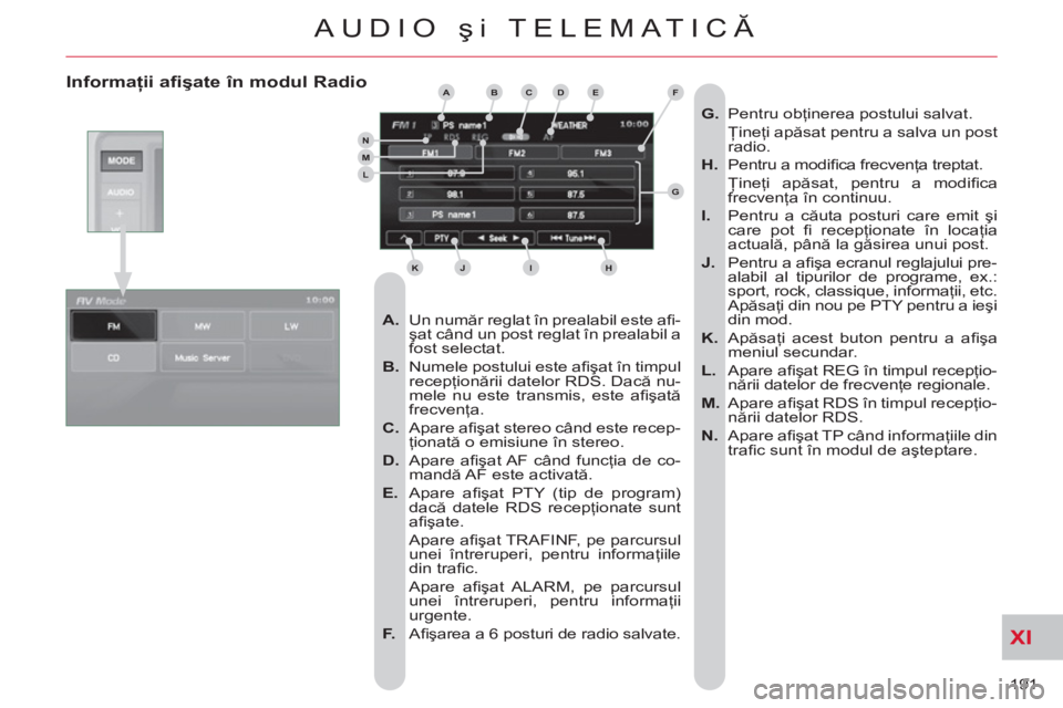 CITROEN C-CROSSER 2012 Ghiduri De Utilizare (in Romanian) XI
191
AUDIO şi TELEMATICĂ
Informaţii afişate în modul Radio
A.
Un număr reglat în prealabil este afi -
şat când un post reglat în prealabil a
fost selectat.
B.
Numele po CITROEN C-CROSSER 2012 Ghiduri De Utilizare (in Romanian) XI
191
AUDIO şi TELEMATICĂ
Informaţii afişate în modul Radio
A.
Un număr reglat în prealabil este afi -
şat când un post reglat în prealabil a
fost selectat.
B.
Numele po