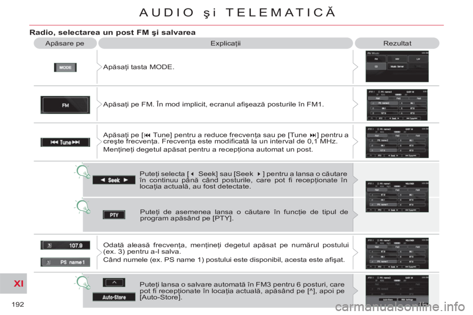 CITROEN C-CROSSER 2012  Ghiduri De Utilizare (in Romanian) XI
192
AUDIO şi TELEMATICĂ
 
 
Radio, selectarea un post FM şi salvarea
 
Apăsaţi tasta MODE.    Apăsare pe   Explicaţii  Rezultat 
  Puteţi selecta [ � 
 Seek] sau [Seek  � 
] pentru a lans