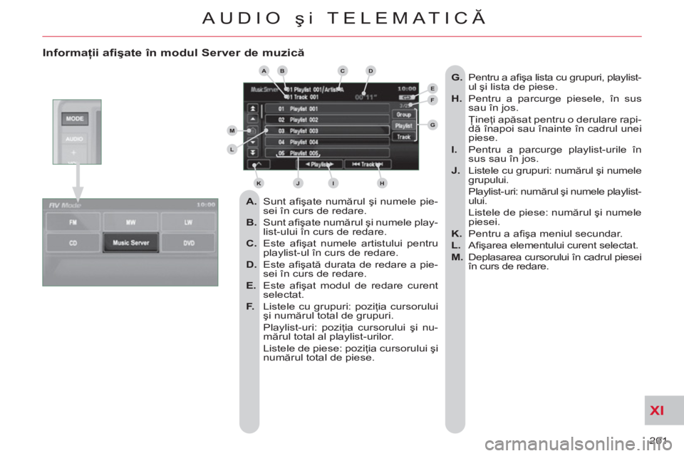 CITROEN C-CROSSER 2012 Ghiduri De Utilizare (in Romanian) XI
201
AUDIO şi TELEMATICĂ
Informaţii afişate în modul Server de muzică
A.
Sunt afi şate numărul şi numele pie-
sei în curs de redare.
B.
Sunt afi şate numărul şi n CITROEN C-CROSSER 2012 Ghiduri De Utilizare (in Romanian) XI
201
AUDIO şi TELEMATICĂ
Informaţii afişate în modul Server de muzică
A.
Sunt afi şate numărul şi numele pie-
sei în curs de redare.
B.
Sunt afi şate numărul şi n