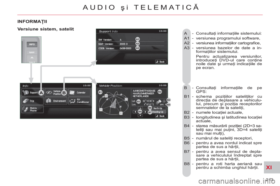 CITROEN C-CROSSER 2012 Ghiduri De Utilizare (in Romanian) XI
213
AUDIO şi TELEMATICĂ
INFORMAŢII
A - Consultaţi informaţiile sistemului:
A1 - versiunea programului software,
A2 - versiunea informaţiilor cartografi ce,
A3 - versiunea ba CITROEN C-CROSSER 2012 Ghiduri De Utilizare (in Romanian) XI
213
AUDIO şi TELEMATICĂ
INFORMAŢII
A - Consultaţi informaţiile sistemului:
A1 - versiunea programului software,
A2 - versiunea informaţiilor cartografi ce,
A3 - versiunea ba