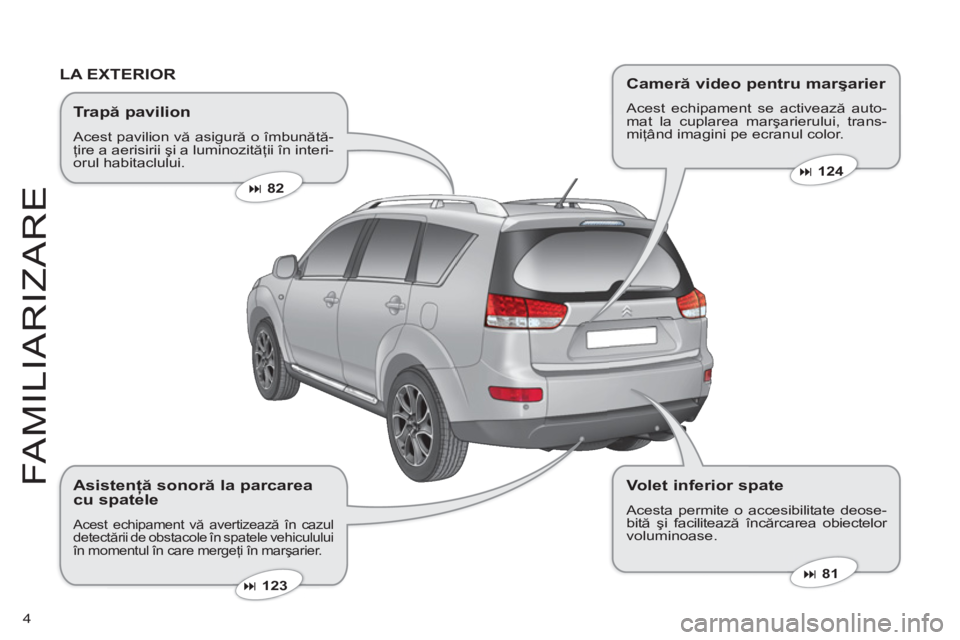 CITROEN C-CROSSER 2012  Ghiduri De Utilizare (in Romanian) 4
FAMILIARIZARE
   
Tr apă pavilion 
 Acest pavilion vă asigură o îmbunătă-ţire a aerisirii şi a luminozităţii în interi-orul habitaclului. 
�82  
 
� 
 81  
 �123  
 
 
LA EXTERIOR
 
 
