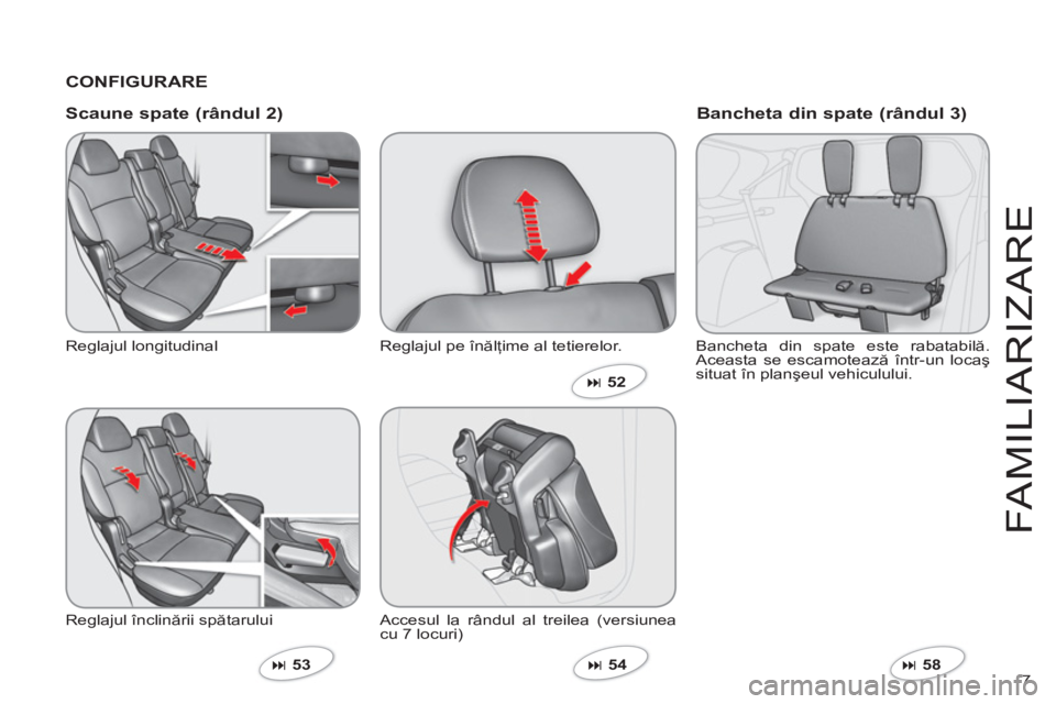 CITROEN C-CROSSER 2012  Ghiduri De Utilizare (in Romanian) 7 
FAMILIARIZAR
E
   
CONFIGURARE  
   
Scaune spate 
(rândul 2)
 Reglajul longitudinal 
  Re
glajul înclinării spătarului 
�53  Reglajul pe înăl
ţime al tetierelor.
 
Accesul la r