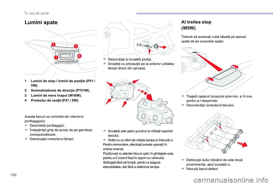 CITROEN C-ELYSÉE 2018 Ghiduri De Utilizare (in Romanian) 130
Lumini spateAl treilea stop
(W5W)
Trebuie să accesați cutia situată pe panoul
spate de pe scaunele spate:
F
D
eblocați dulia ridicând de cele două
proeminențe, apoi scoateți-o.
F
Î
CITROEN C-ELYSÉE 2018 Ghiduri De Utilizare (in Romanian) 130
Lumini spateAl treilea stop
(W5W)
Trebuie să accesați cutia situată pe panoul
spate de pe scaunele spate:
F
D
eblocați dulia ridicând de cele două
proeminențe, apoi scoateți-o.
F
Î